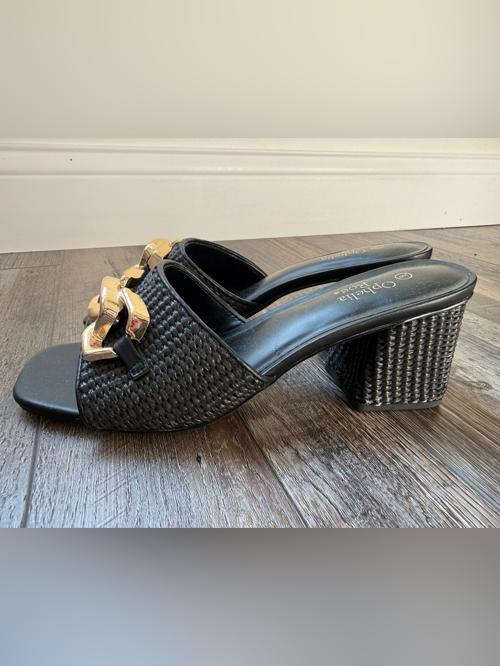 Woven Black Block Heel Mule with Gold Chain Accent